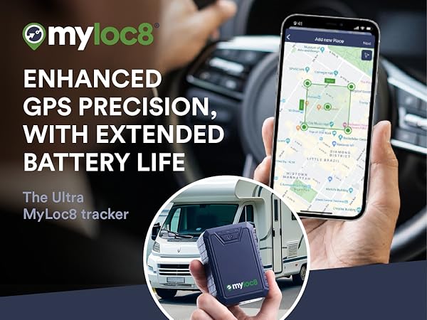 mobile phone showing myloc8 tracking app location and geofence area with man holding small tracker
