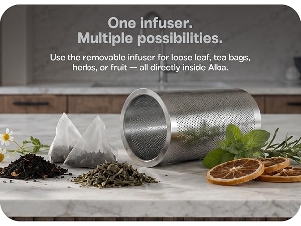 Removable stainless steel tea infuser for loose leaf tea, herbs, fruit and tea bags