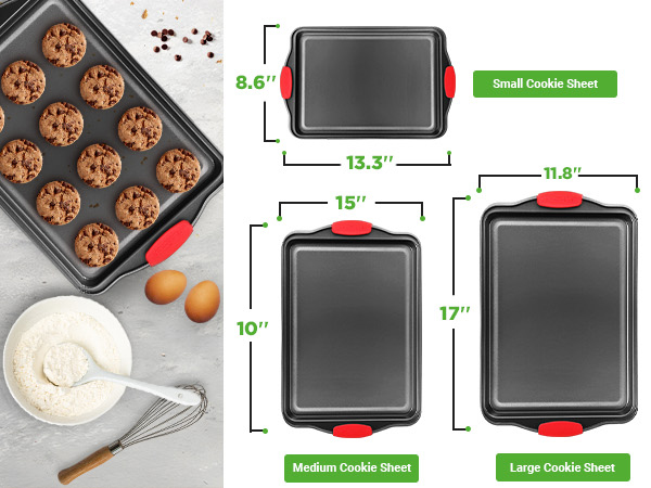 three sizes of baking sheets non stick design for small medium and large cookie sheets for baking