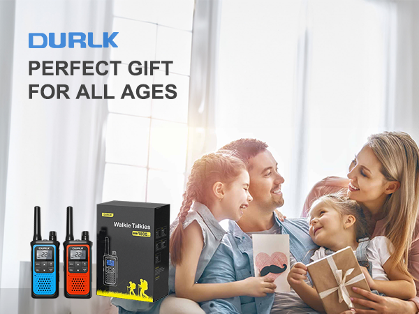A family of four with smiles on their faces received a gift of DURLK 2 pack walkie talkies all ages