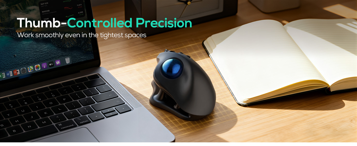 Text reads 'Thumb-Controlled Precision'. Close-up images of computer peripherals including keyboard, mouse, and device screens on dark surfaces.