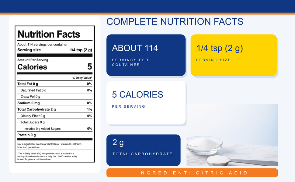 Nutrition Facts: about 114 servings, 1/4 tsp (2 g), 5 calories, 2 g carbohydrate.