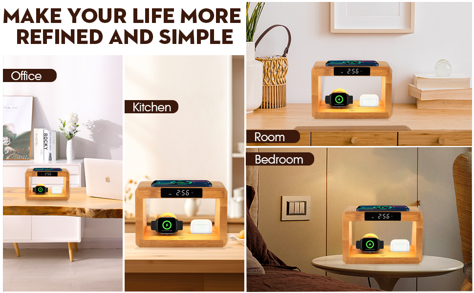 Multi-scene dimming touch wooden table lamp with alarm clock