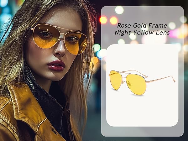 A cool lady wearing the yellow night driving glasses 