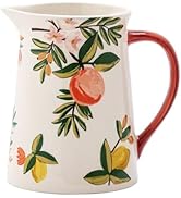Napco Imports Peach Lemon Flowers 5.75 Inch Ceramic Functional Beverage Pitcher or Flower Vase