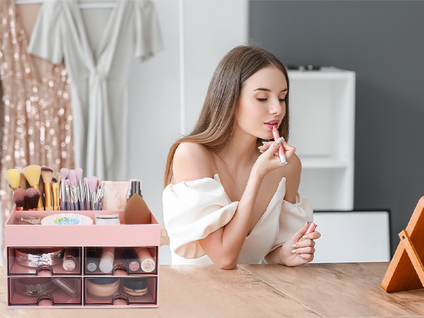 Pencil Holder for Desk Cosmetic Storage Pink Desk Accessories Desk Organizer with Drawer Organizer