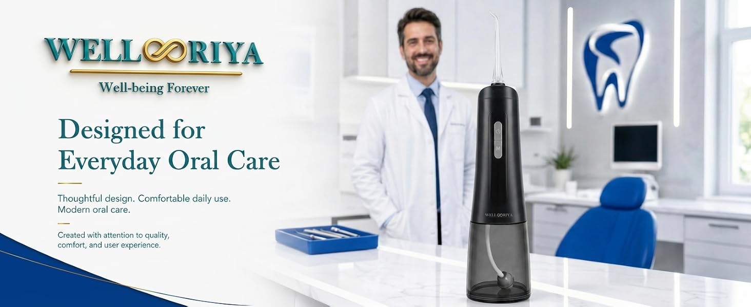 WELLOORIYA cordless water flosser in a modern professional oral care environment