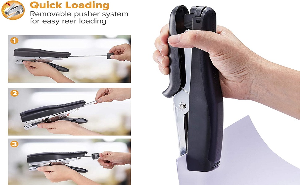 three images displaying the ease of the hand stapler
