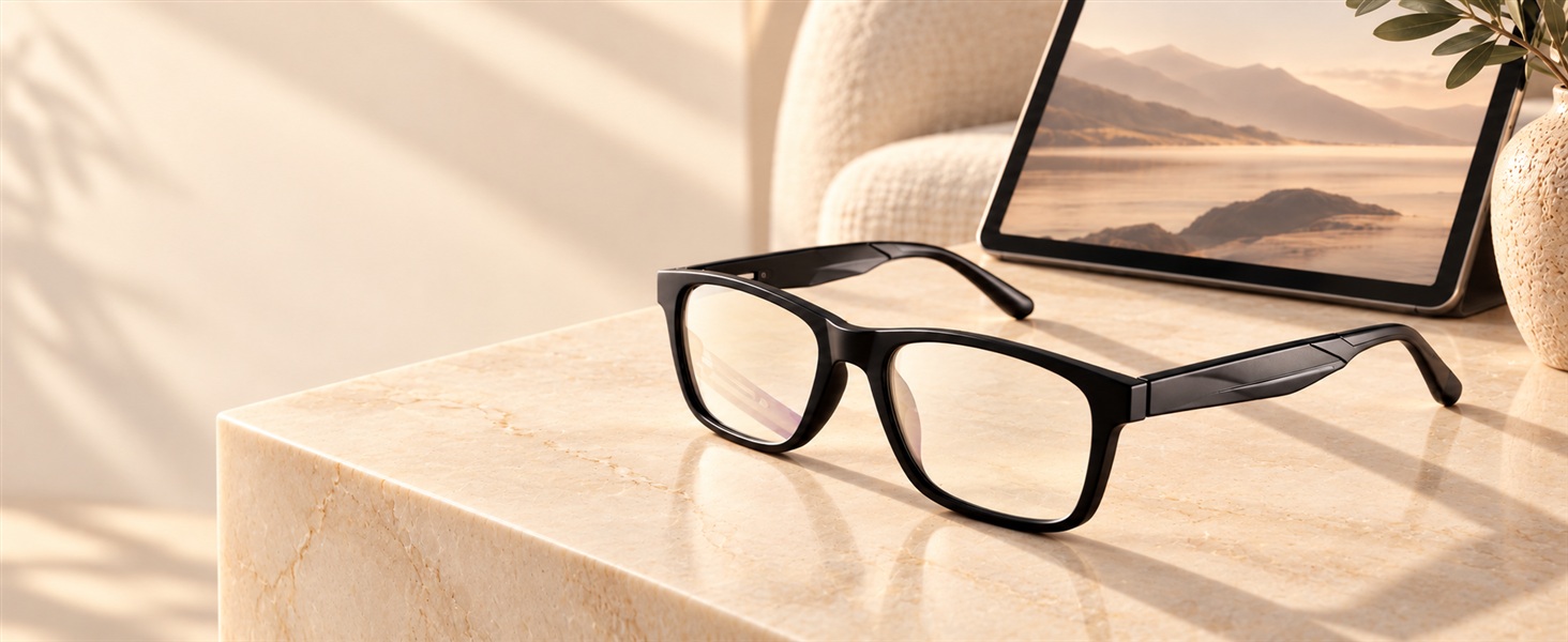 ZENOX glasses beside a tablet on warm marble.