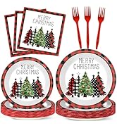 CHUNNIN 96 Pcs Christmas Red and Black Buffalo Plaid Paper Plates and Napkins for Merry Christmas...