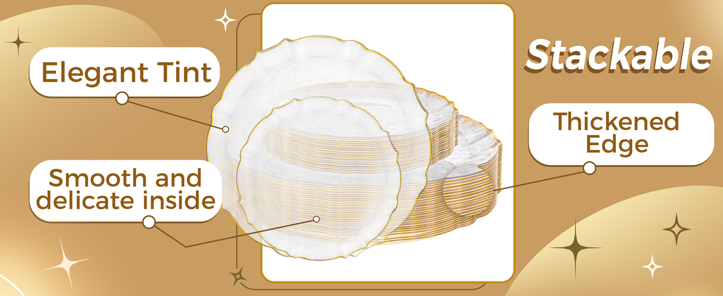 clear and gold plastic plates
