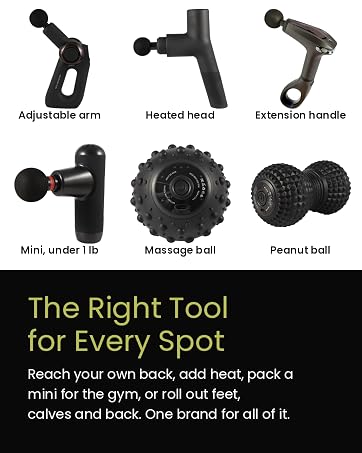 EXELLEON lineup: arm, heated-head and extension-handle guns, mini gun, massage ball, peanut ball