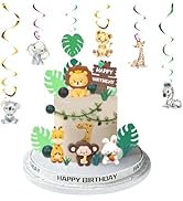 27pcs Safari Animal Cake Topper - Jungle Wild One Birthday Decorations with Reusable Silicone Mon...