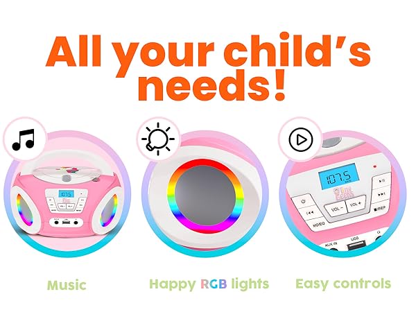 Text reads 'All your child's needs!' Circular icons in pink and white showing various features including music, happy RGB lights, and easy controls.