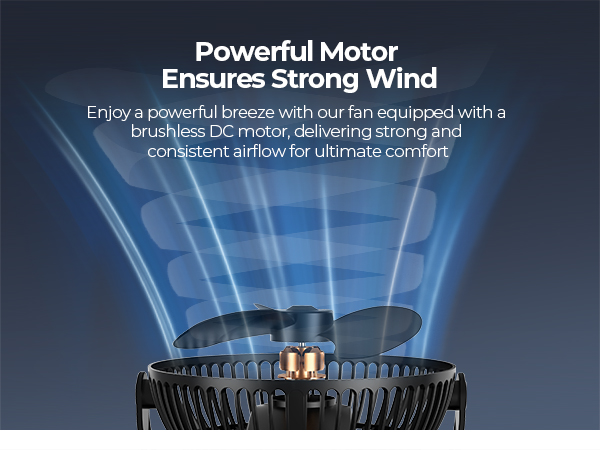 Electric fan with brushless DC motor, showcasing strong airflow illustrated by blue wind lines. Text highlights powerful motor for consistent breeze and comfort.