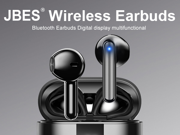 Text reads 'JBES' Wireless Earbuds'. Multiple views of black wireless earbuds and charging case with digital display, showing Bluetooth functionality.