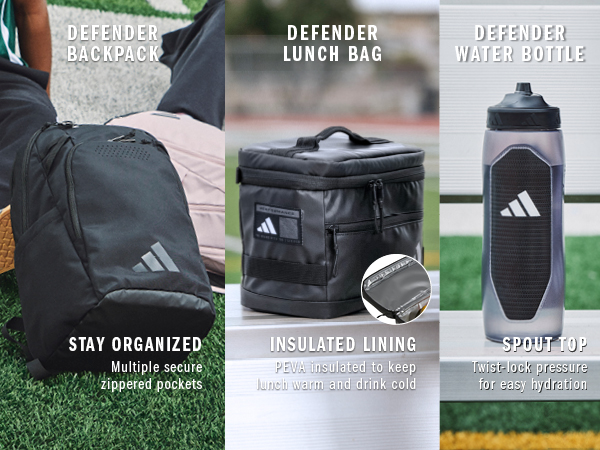 adidas Defender backpack, lunch bag, and water bottle
