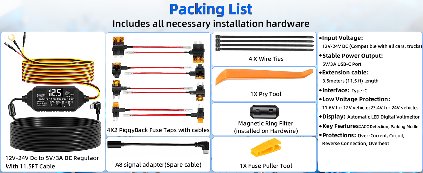Dash Cam Hardwire Kit USB C, 12V-24V to 5V Type C Hardwire Kit with LED Voltmeter