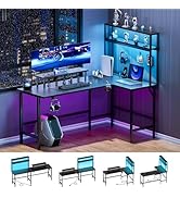 HLDIRECT 67 Inch L-Shaped Gaming Desk with LED Lights, Power Outlets, Storage Shelves, Hutch, and...