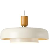 Modern Large Pendant Light 19.68 inch, 2 Tiers Soft Cream Shades, Natural Wood and Brass Accent, ...