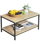 2-Tier Coffee Table Metal Frame Wood Living Room Table with Open Storage Shelf for Living Room Ea...