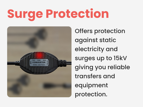 Surge protection USB to RS232 serial adapter with power LED, static and surge shielding