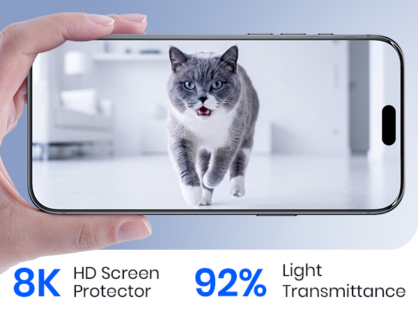 8K HD screen protector with 92% light transmittance showing clear cat image on display.