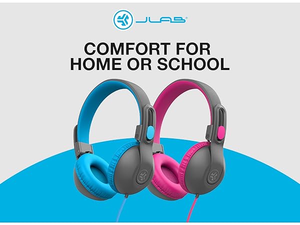 rendering of blue and pink JBuddies Headphones next to a text block