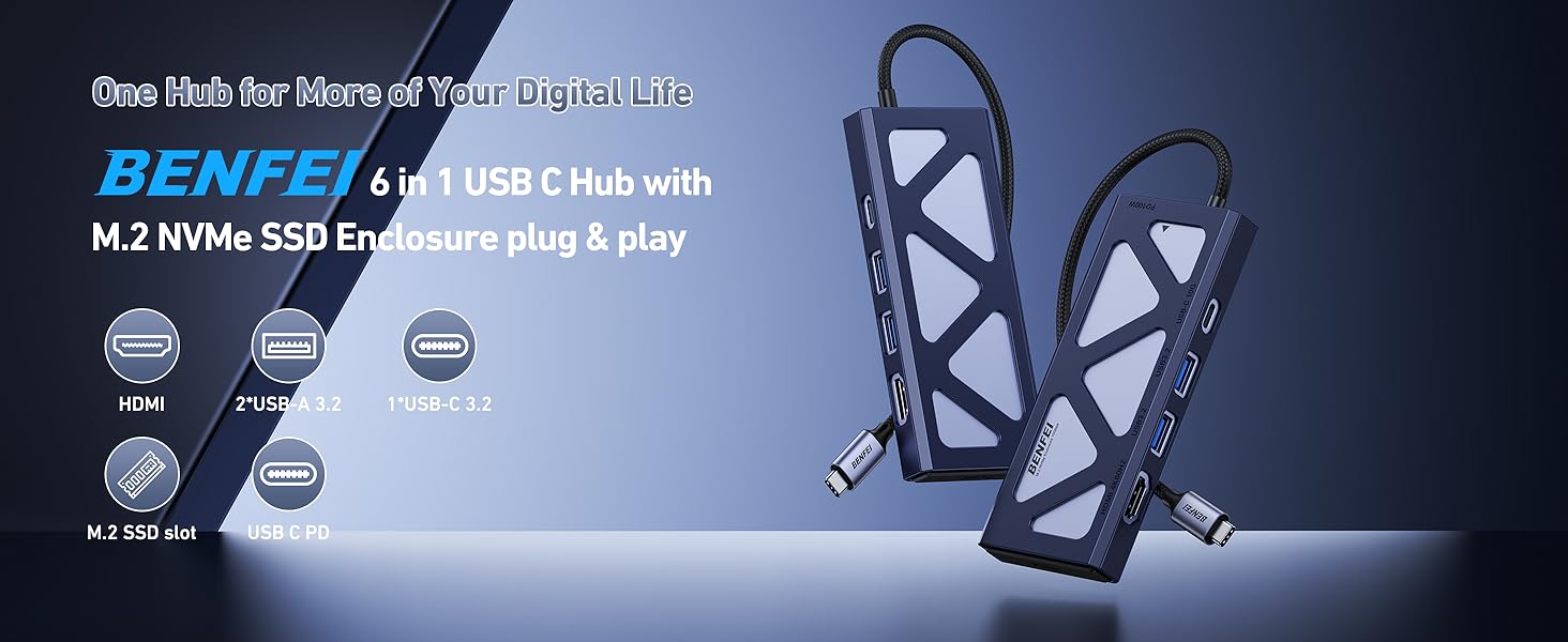 Text reads 'BENFEI'. Marketing banner showing blue technological styling with product interface icons across top.