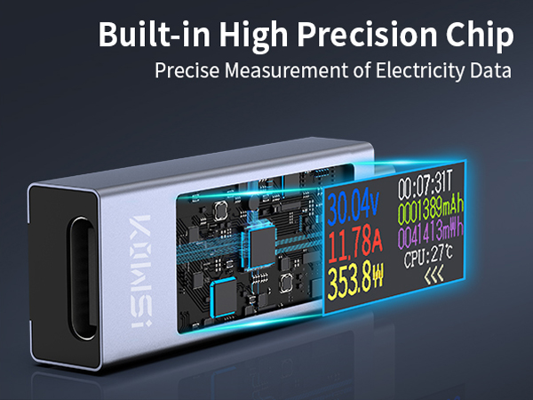 Compact black device with digital display showing electrical measurements. Built-in high precision chip for precise measurement of electricity data.