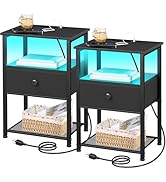 LOAKEKEL Night Stand Set 2, Black Nightstand with Charging Station and Colorful LED Light Strip, ...