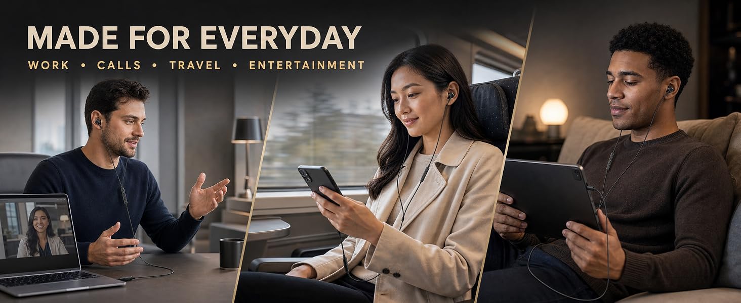 Three people using black USB-C wired earbuds for video calls, train travel and home entertainment