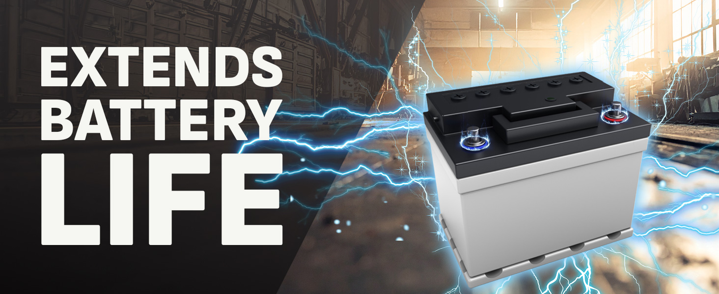 Graphic showing Schumacher charger extending automotive battery life with energy arcs
