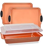 Baking Sheet 4 Piece Set Nonstick Copper Carbon Steel Oven Bakeware Kitchen Set with Silicone Gri...