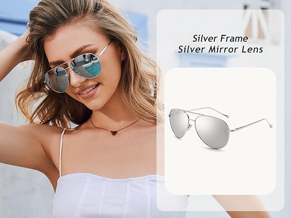 A stylish and elegant lady wearing silver mirror lens aviator sunglasses