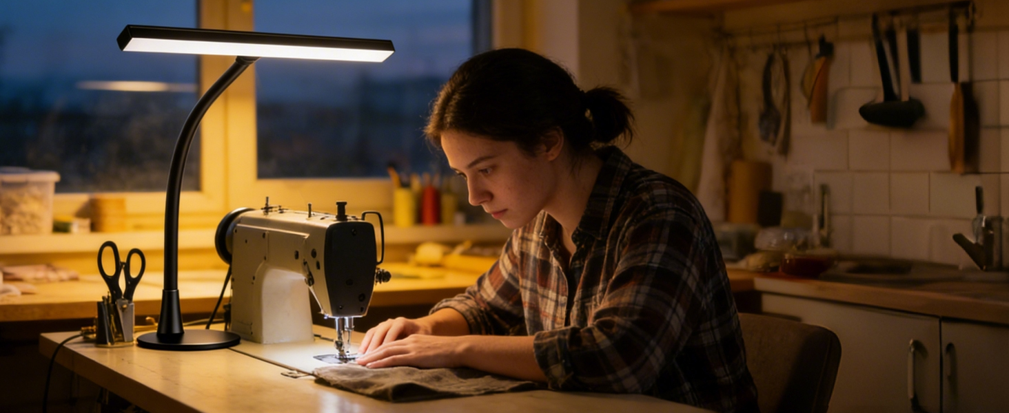 Dimly lit workspace scenes showing a desk lamp illuminating a work surface in evening/night conditions.