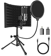 Riworal Studio Recording Microphone Isolation Shield with Pop Filter and Metal Tripod Stand USB C...