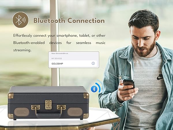 Vinyl Record Player 3-Speed Bluetooth Turntable with Rechargeable Battery