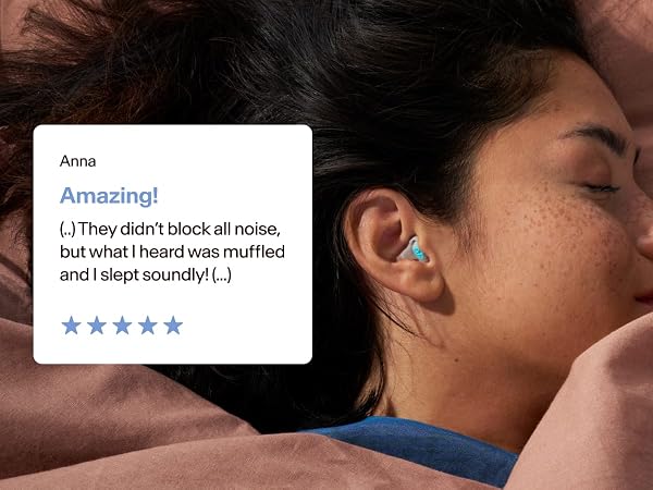 Five-star customer review with person sleeping wearing Alpine SleepDeep earplugs