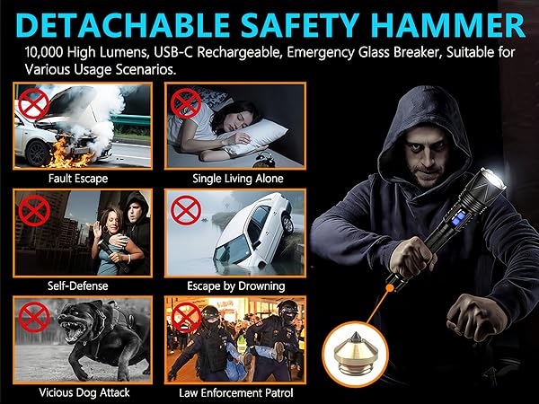 Self Defense Flashlight Tail Detachable Safety Hammer, Shatters Tempered Glass/Ice Instantly.