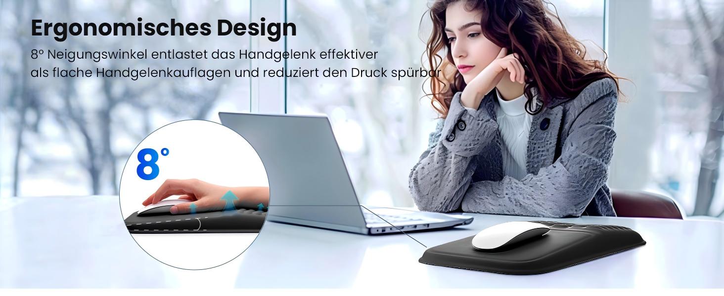 Text reads 'Ergonomisches Design'. Product shot showing laptop ergonomic setup with 8-degree angle indicator and person using device at desk.