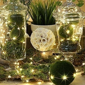 Glass jars with fairy lights inside, creating a warm glow. Decorative spheres and plants visible, suggesting home decor use.