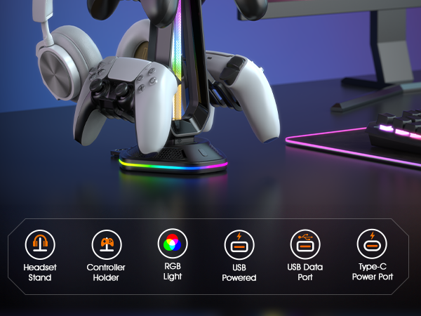 RGB Gaming Headphones Stand with 12 Light Modes, Controller Holder with 2 USB Charging Ports