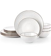 Famiware Eden Plates and Bowls Sets, Stoneware Dinnerware Sets with Gold Trim, 12 Pieces Dishes S...