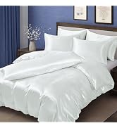 MILVOWOC 6 Pcs White Satin Duvet Cover Full/Queen Size Set, Silky Bed Duvet Cover Luxury Satin Be...