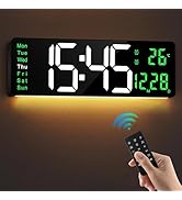 LEIKE 16" Large Digital Wall Clock Timer,Remote Control,2 Alarms, LED Display,Auto DST,Temperatur...
