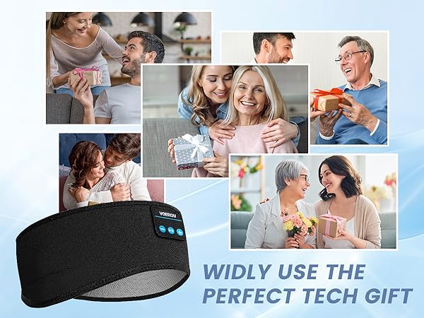 Collage of people exchanging gifts, with a black headband featuring blue lights in the foreground. Text reads 'WIDLY USE THE PERFECT TECH GIFT'.
