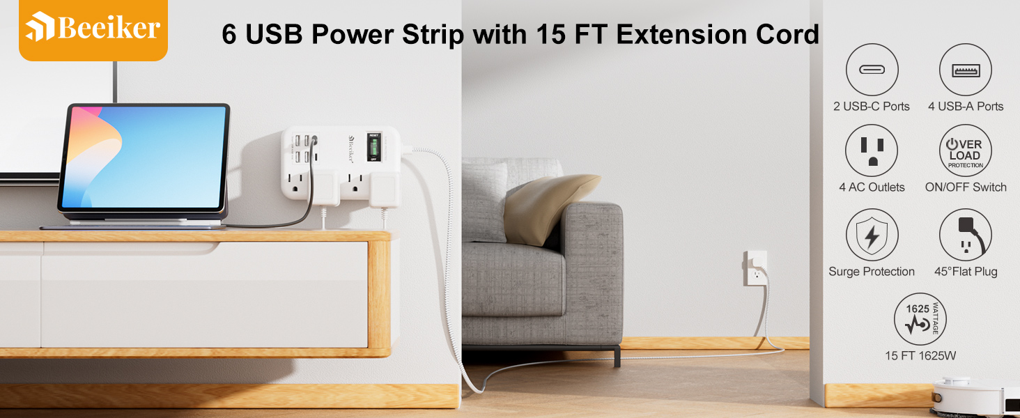 6 USB TRAVEL POWER STRIP WITH 15FT EXTENSION CORD