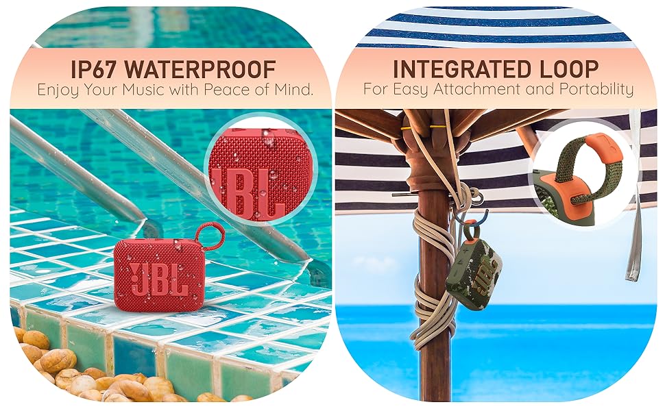 JBL speaker next to a pool, showing waterproof feature and hanging from an umbrella with a loop.