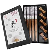 LANHUTHS 5 Pairs Wooden Chopsticks Reusable Gift Set with 5pcs Wooden Chopstick Rest Hand-Made Pu...